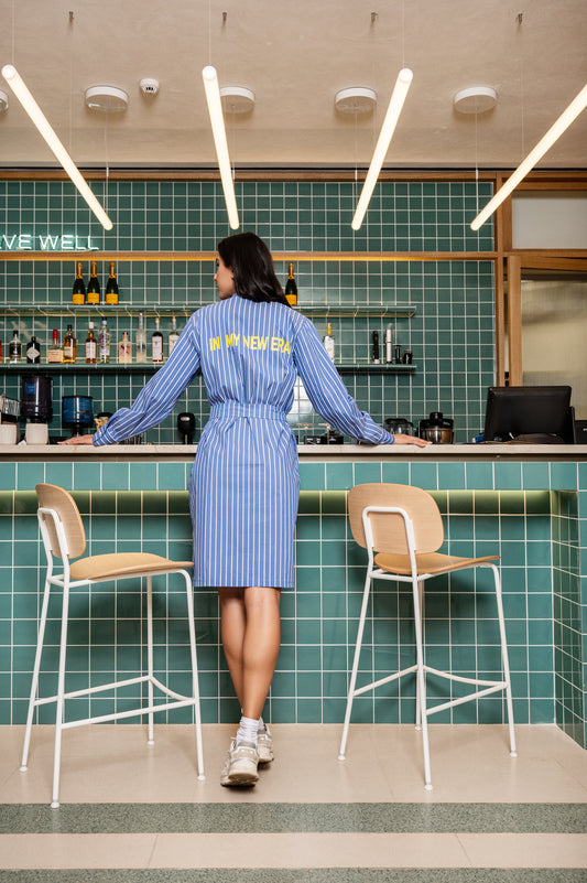 GUILTY - STRIPED LONG SLEEVE MIDI DRESS WITH PRINTED QUOTE IN THE BACK "IN MY NEW ERA"